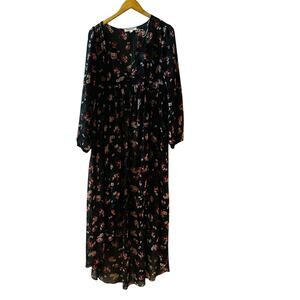 Living Doll Floral Long Sleeve Button Front Hi Low Kimono Size L Large Green